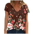 thumbnail image 2 of New trending & for spring GaThRRgYP Womens tops V Neck Cotton,Wome Fashion Peony Printed Short Sleeve V-Neck Top Blouses Coffee M, 2 of 6