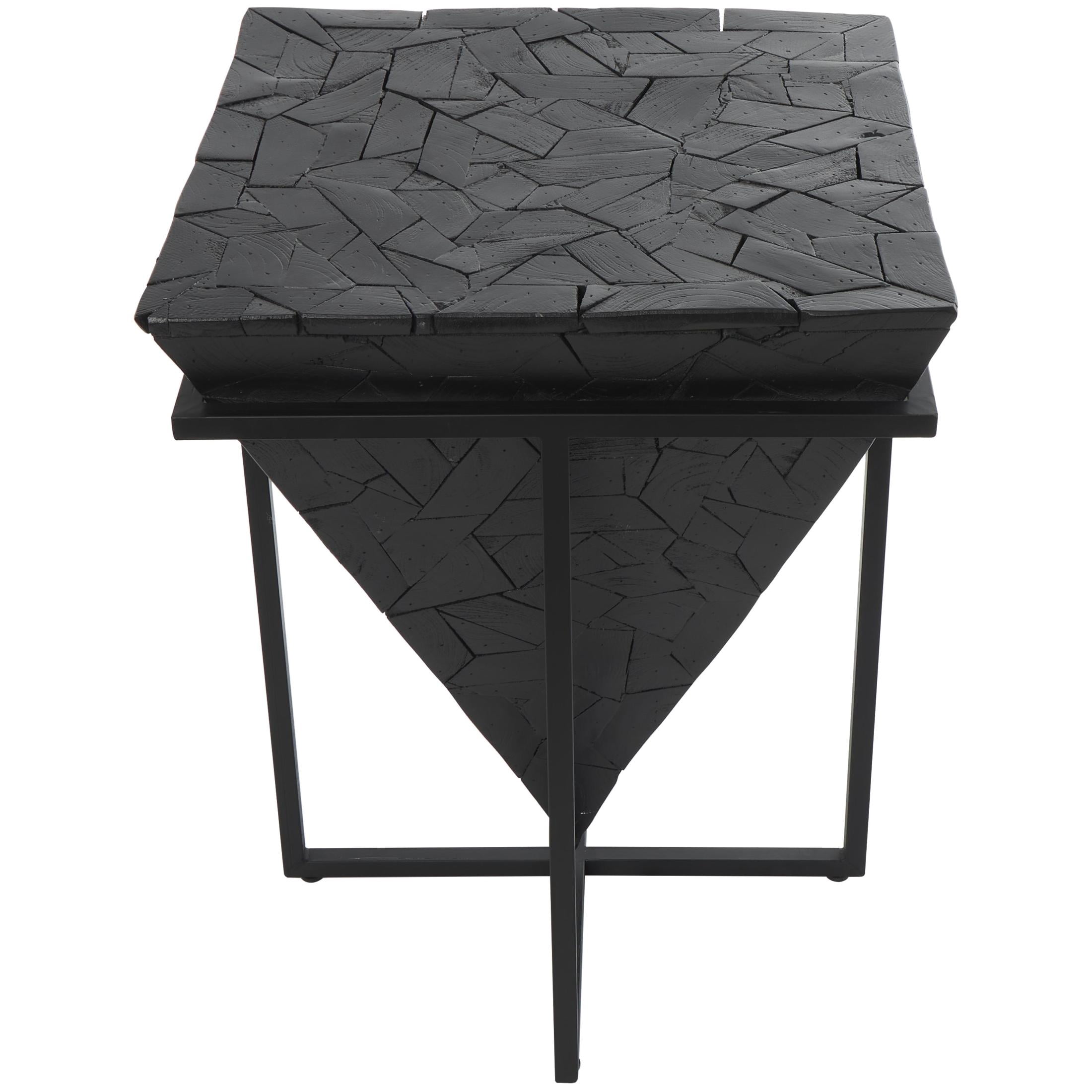DecMode 17" x 22" Black Teak Wood Handmade Inverted Pyramid Geometric Accent Table with Black Metal Base, 1-Piece