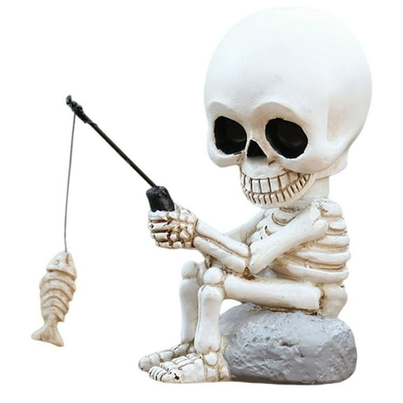 Bobblehead Skeleton Figurine With Fishing Rod And Fish Decoration, Whimsical Spooky Haunted Yard Balcony Ornament, Premium Sturdy Indoor Outdoor