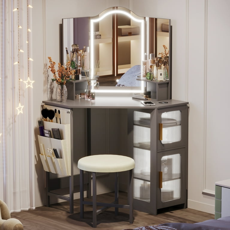 Vanity Desk with Mirror and Lights, Makeup Vanity with 3 Lighting Options,  Dressing Table with Charging Station, Vanity Set with 4 Cabinets, Shelves  and Stool, Corner Vanity for Women Girls