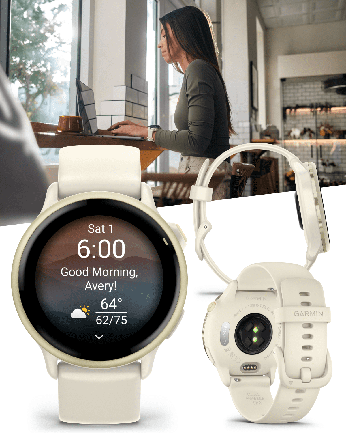 Garmin Vivoactive 6 - Health & Wellness GPS Smartwatch, 1.2 in Bright AMOLED Display, Lunar Gold with Bone Band w/ Wearable4U Black EarBuds Bundle