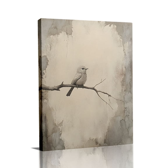 “Bird on Branch in Soft Tones” Minimalist Canvas Wall Art Ready to Hang for Living Room and Bedroom