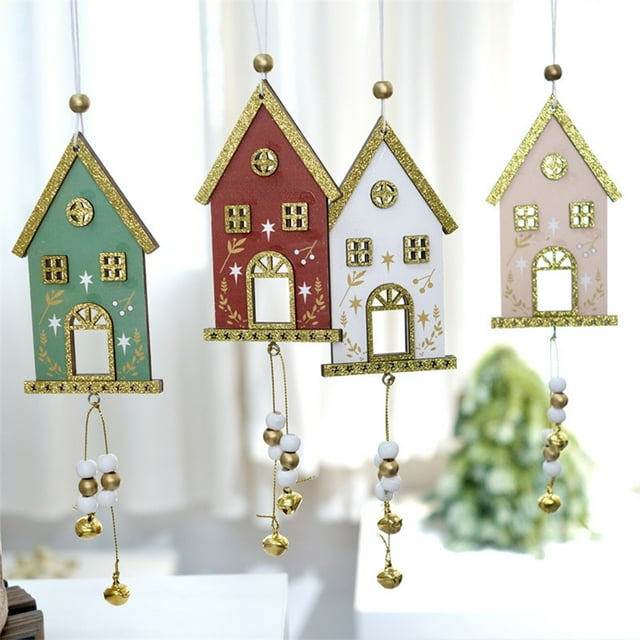 Casita de Navidad de Madera, Adorno Colgante, Decoración Navideña, Madera Verde, 13X7Cm | para Ventana | 1 Unidad