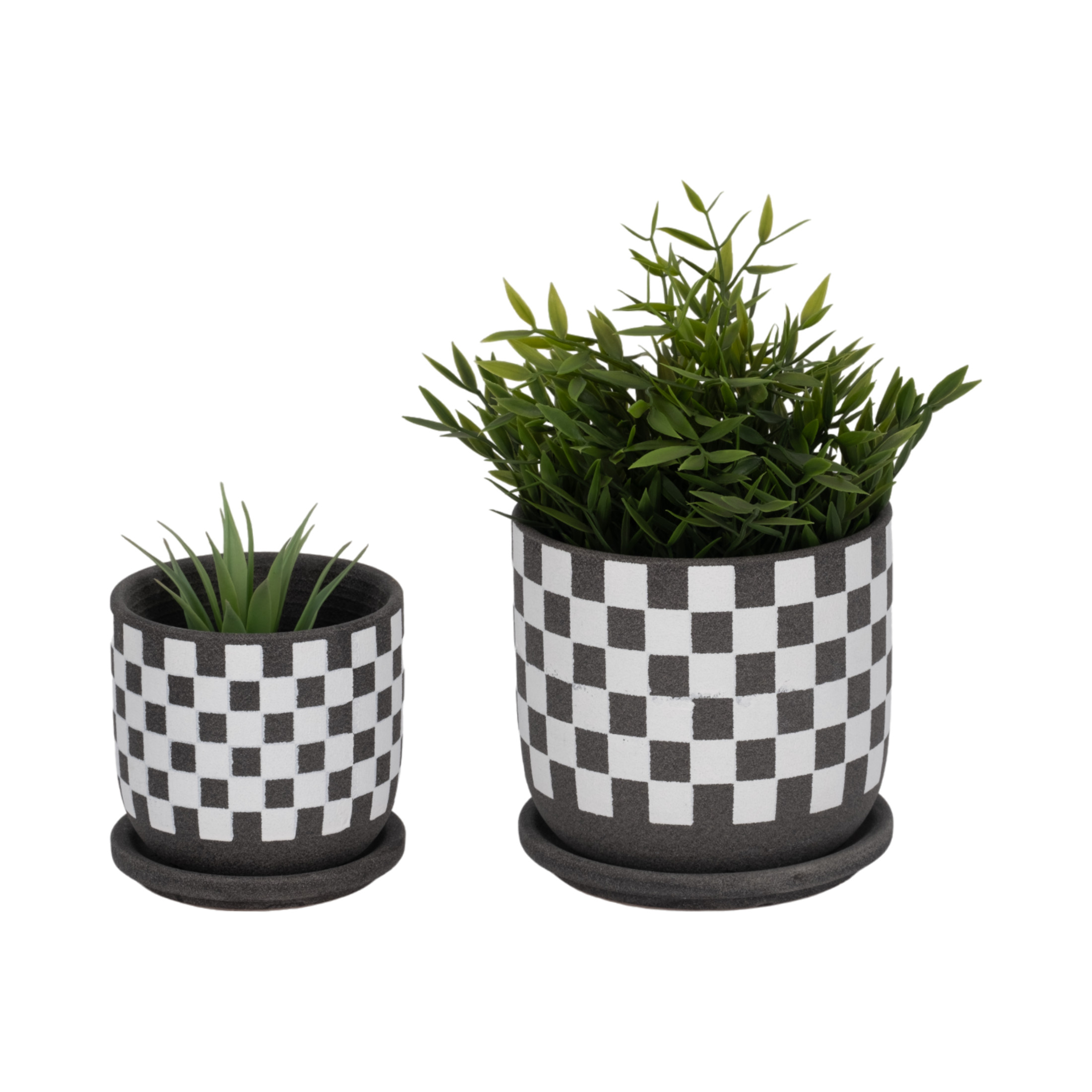 Round Checker Pattern Saucer Planters for Garden Decor - Ceramic Planter for Home and Living Room Decor - Sleek Flower Pots for Indoor and Outdoor Plants - Set of 2, 6", 5", Black & White