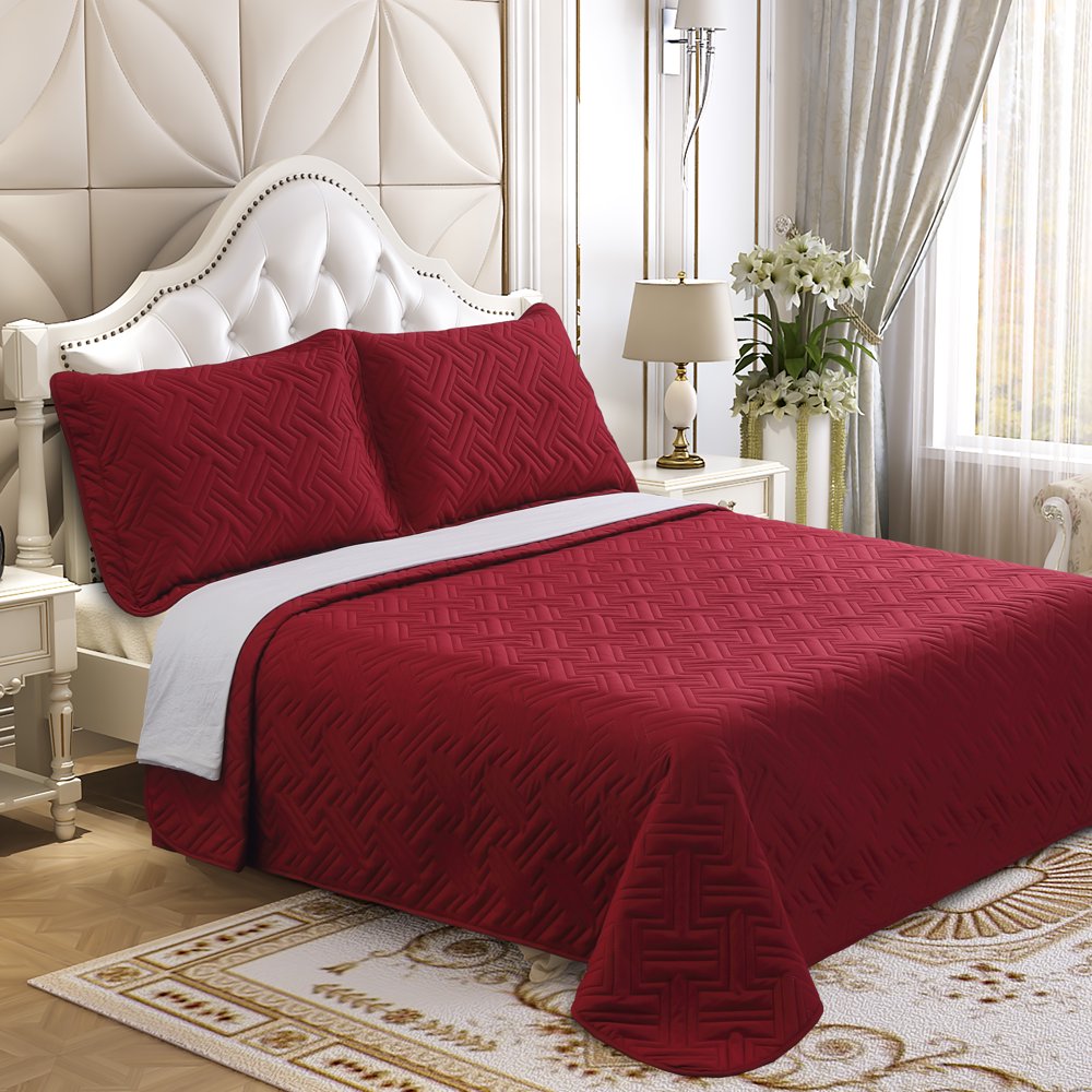 3 PC FULL/QUEEN QUILT SET MICROFIBER EMBOSSED BURGUNDY HANNAH
