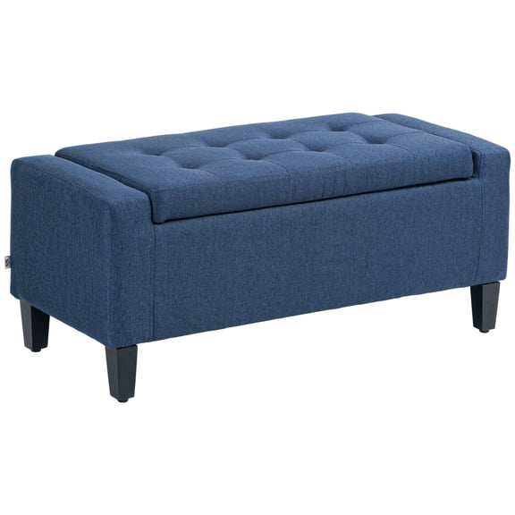 HOMCOM Storage Ottoman Bench with Lift Top, Linen Upholstered Button Tufted Seat for Living Room Bedroom, Dark Blue Multifunctional Footrest Organizer