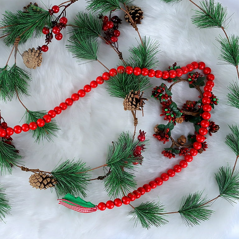 Huntermoon Christmas Wooden Bead Garland Buffalo Plaid Rustic Tassels and Red Truck Tag Beaded Tassel Garland Red White Green Natural Beads Garland