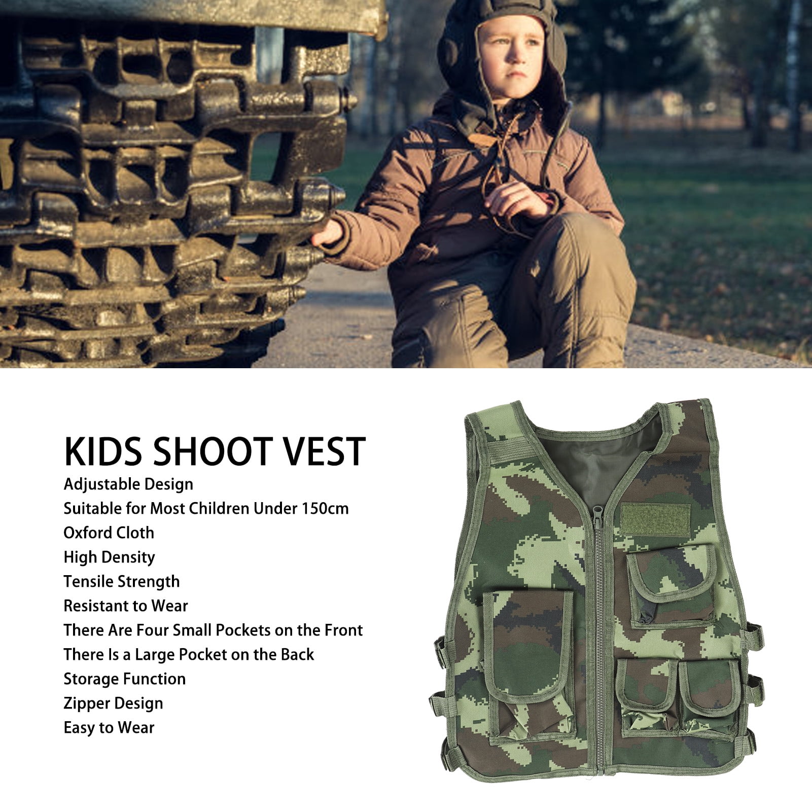 Gilet de Chasse Gilet de Tir Reglable Gilet de Tir avec Poches Zippees Gilet de Camouflage Reglable pour Enfants Velo en Plein Air Randonnee
