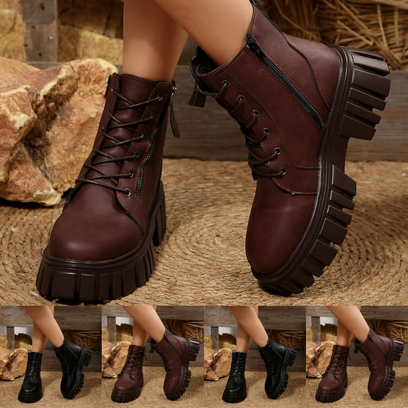 HaiMao Women's Lace-up Chuncky Lug Sole Platform Low Heel Combat Ankle Boots with Zipper Brown 9.5(43)