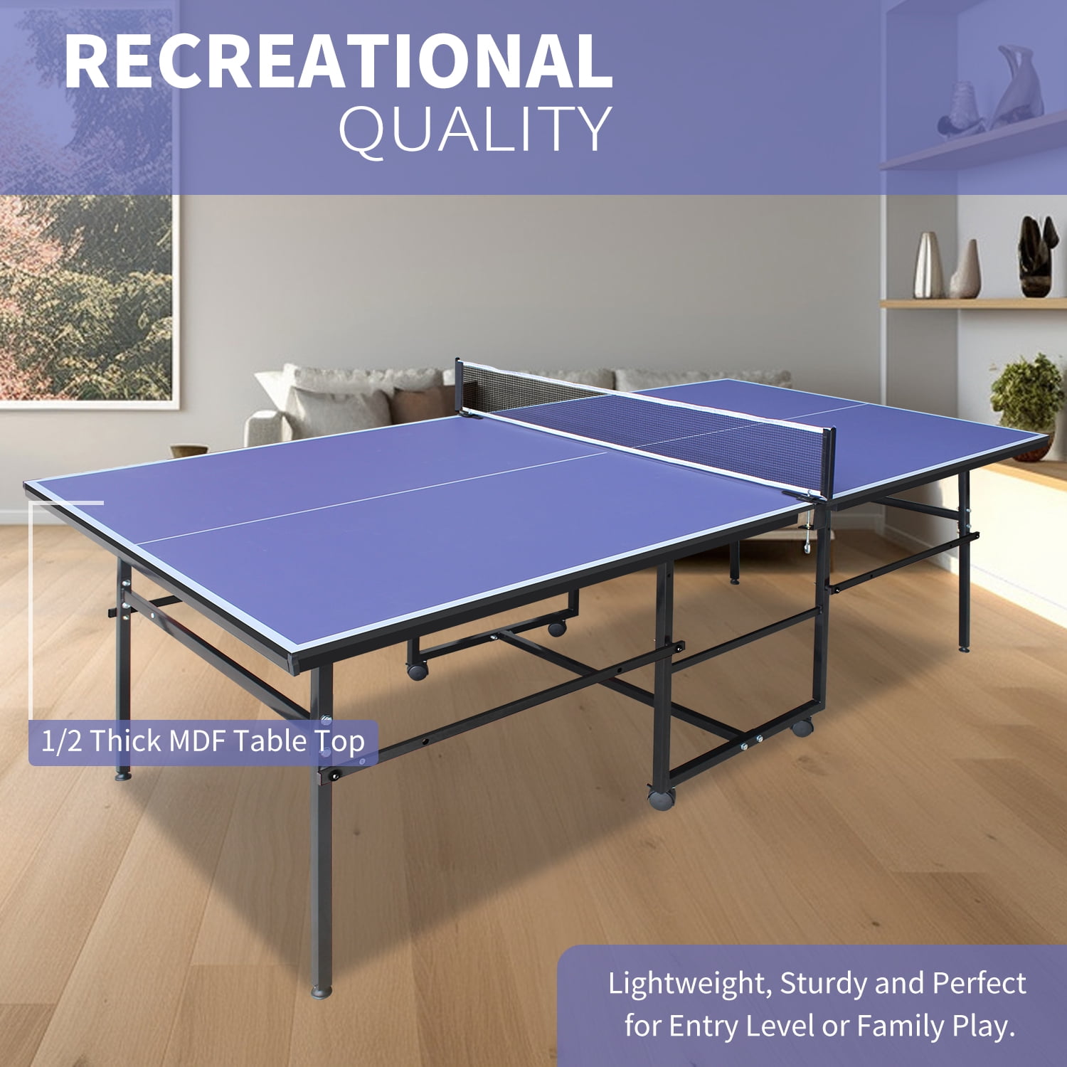 4.3ft Mid-Size Table Tennis Table Foldable & Portable Ping Pong Table Set for Indoor Games with Net, 2 Table Tennis Paddles and 3 Balls