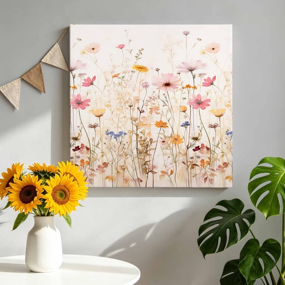 Canvas Wall Art Summer Rustic Canvas Art Print Watercolor Wild Flowers Beige Pictures Wall Decor for Living Room Bedroom Artwork Decorations Stretched Framed Ready to Hang 16"x16"