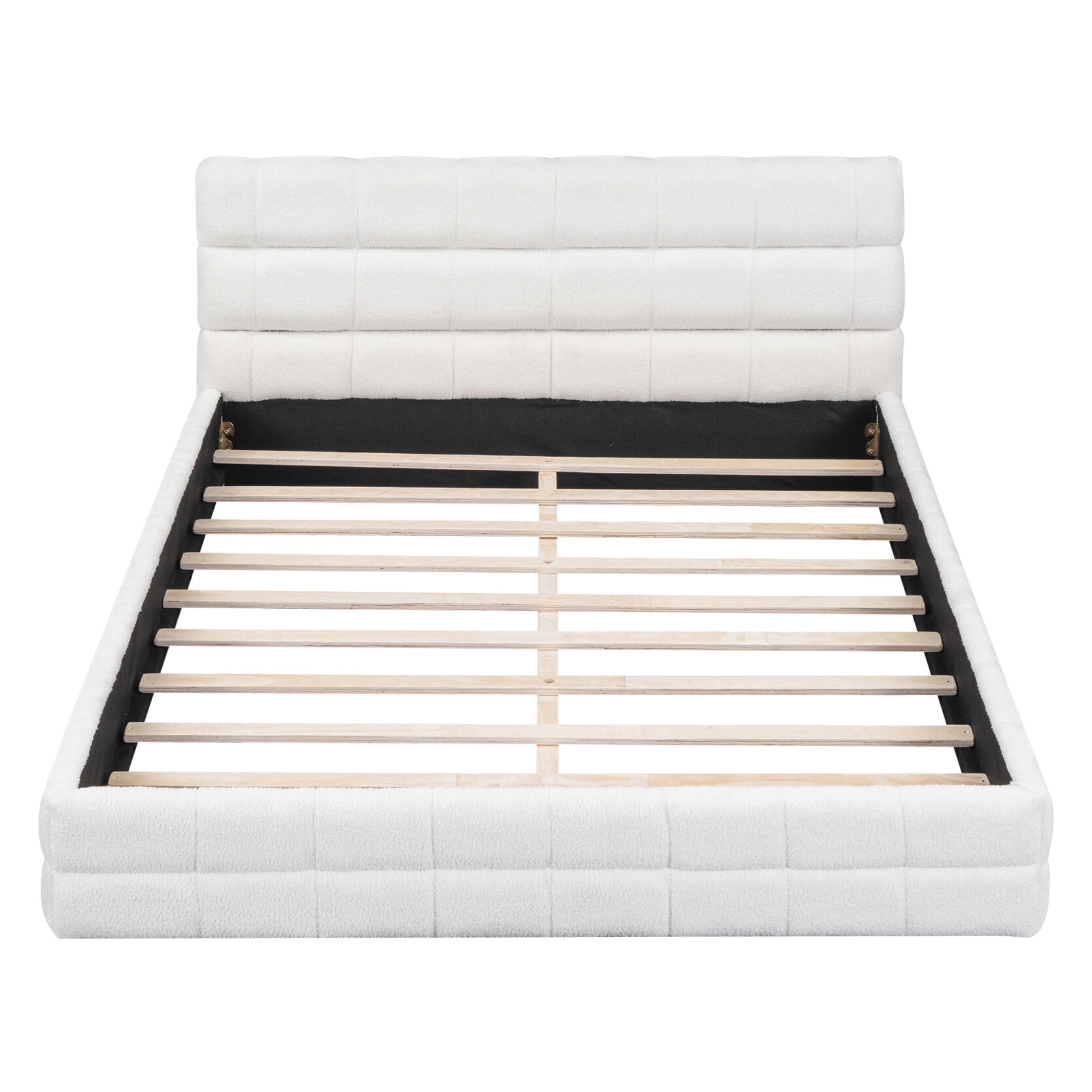 Queen Size Platform Bed, Boucle Upholstered Wooden Bed Frame with Headboard, Floor Bed with Slats Support, Noise Free, No Box Spring Needed, White