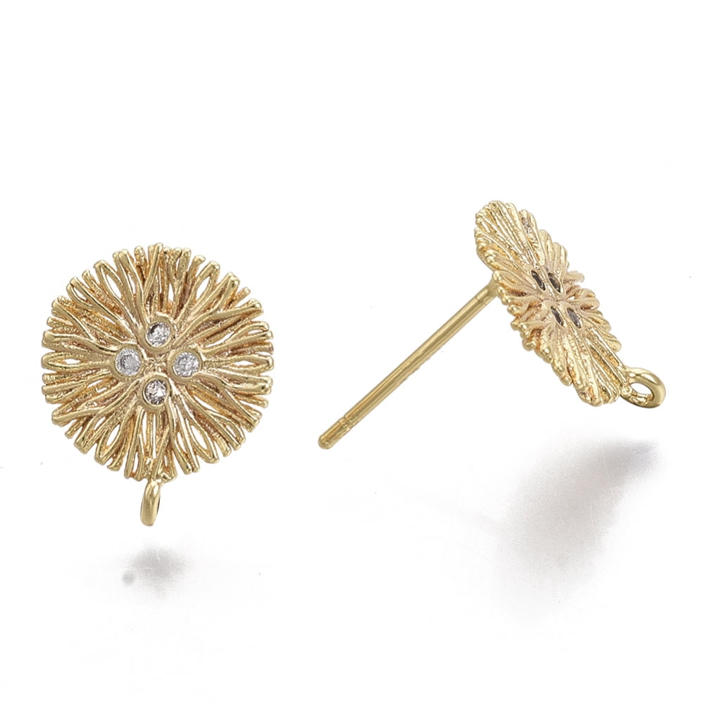 50pcs Brass Micro Pave Cubic Zirconia Stud Earring Findings with Loop golden Nickel Free Flat Round Clear 13.5x11mm Hole: 1mm Pin: 0.8mm