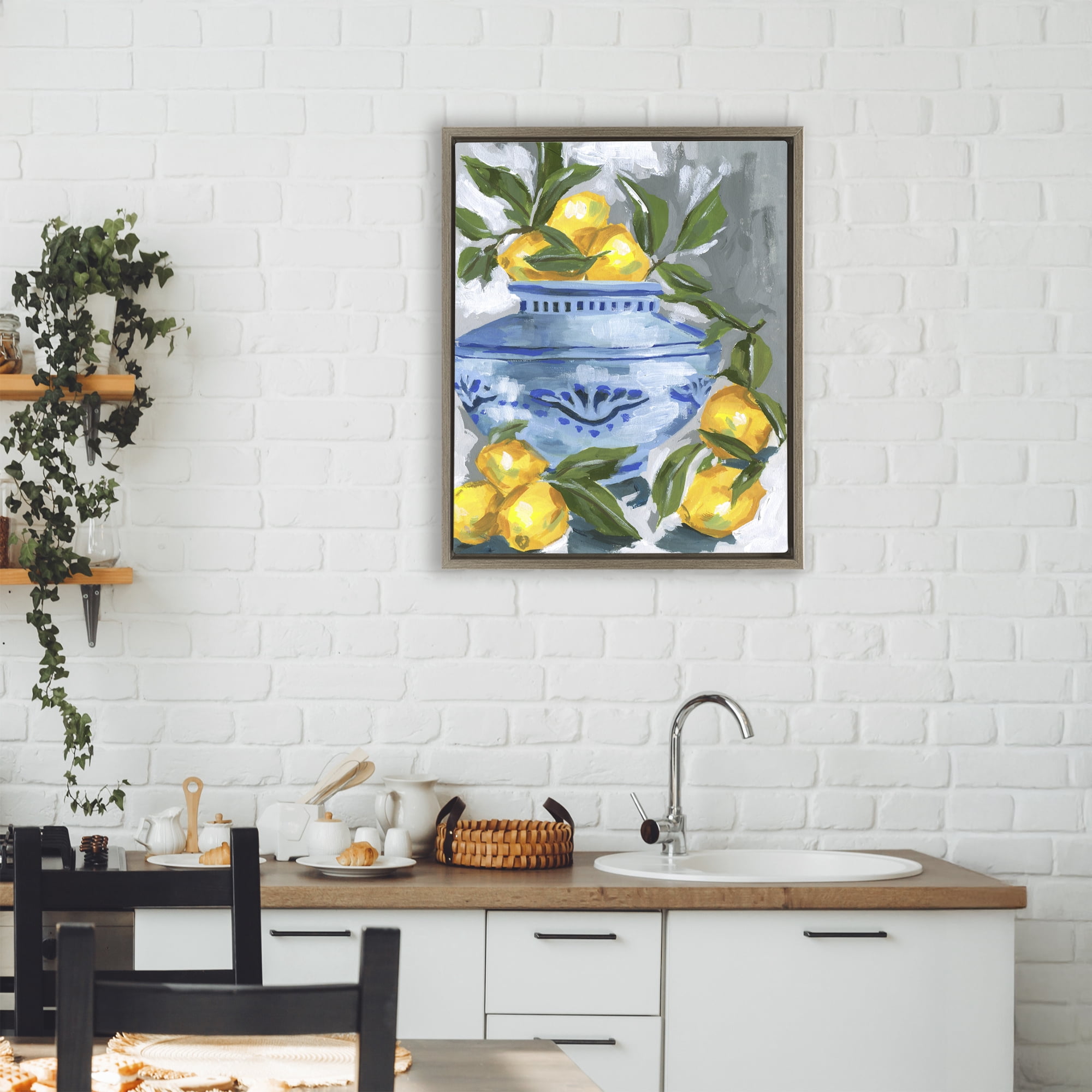 Stupell Industries Indigo & Lemon Vase Brown Framed Floater Canvas Wall Art, design by Melissa Wang