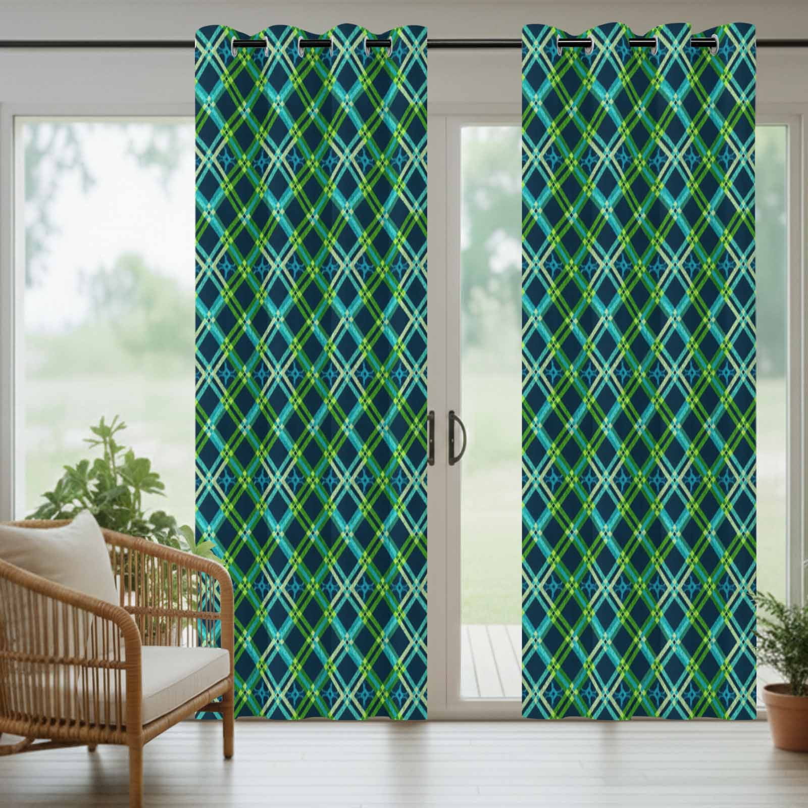 Outdoor Curtains for Patio Waterproof, Vintage Green Windproof Pravicy Outside Porch Blackout Curtain, Geometric Tartan Plaid Ethnic Farmhouse Sun Blocking Grommets Curtains for Cabana 54"x108"