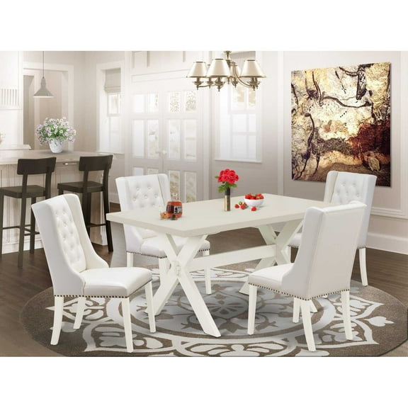 East West Furniture X026FO244-5 5-Pc Dining Table Set Contains 4 White Pu Leather Dining Chairs Button Tufted with Nailhead and Wooden Dining Table - Linen White Finish