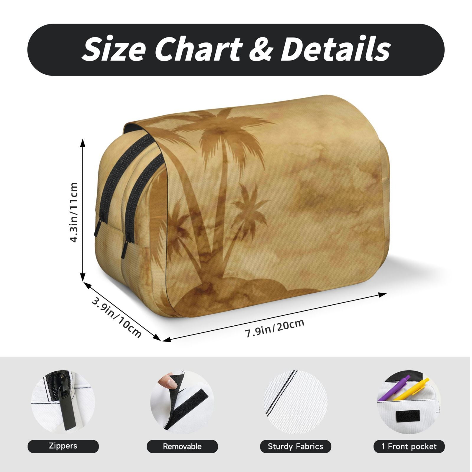 Rateoe Retro Palm Tree Pattern Double Clamshell Pen Case, Storage Organizer with Two Zipper Compartments– Holds Up to 50 Pencils & Pens