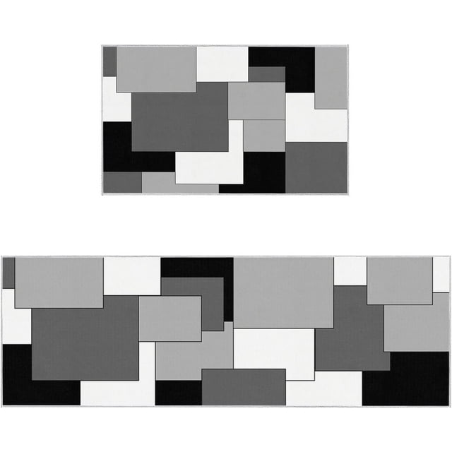 Black and Gray Kitchen Rugs and Mats Set of 2 Modern Art Geometric Color Patchwork Abstract Kitchen Sink Mat,Non-Slip Area Runner Rug,Washable Floor Mat for Home Dining Room Office 18"x30"+18"x48"