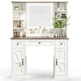 thumbnail image 3 of Farmhouse Makeup Vanity Desk with Mirror and Lights, Makeup Vanity with Open Shelves & Power Strip, 3 Lighting Modes Adjustable Brightness, Vanity Table Set for Bedroom, 3 of 9
