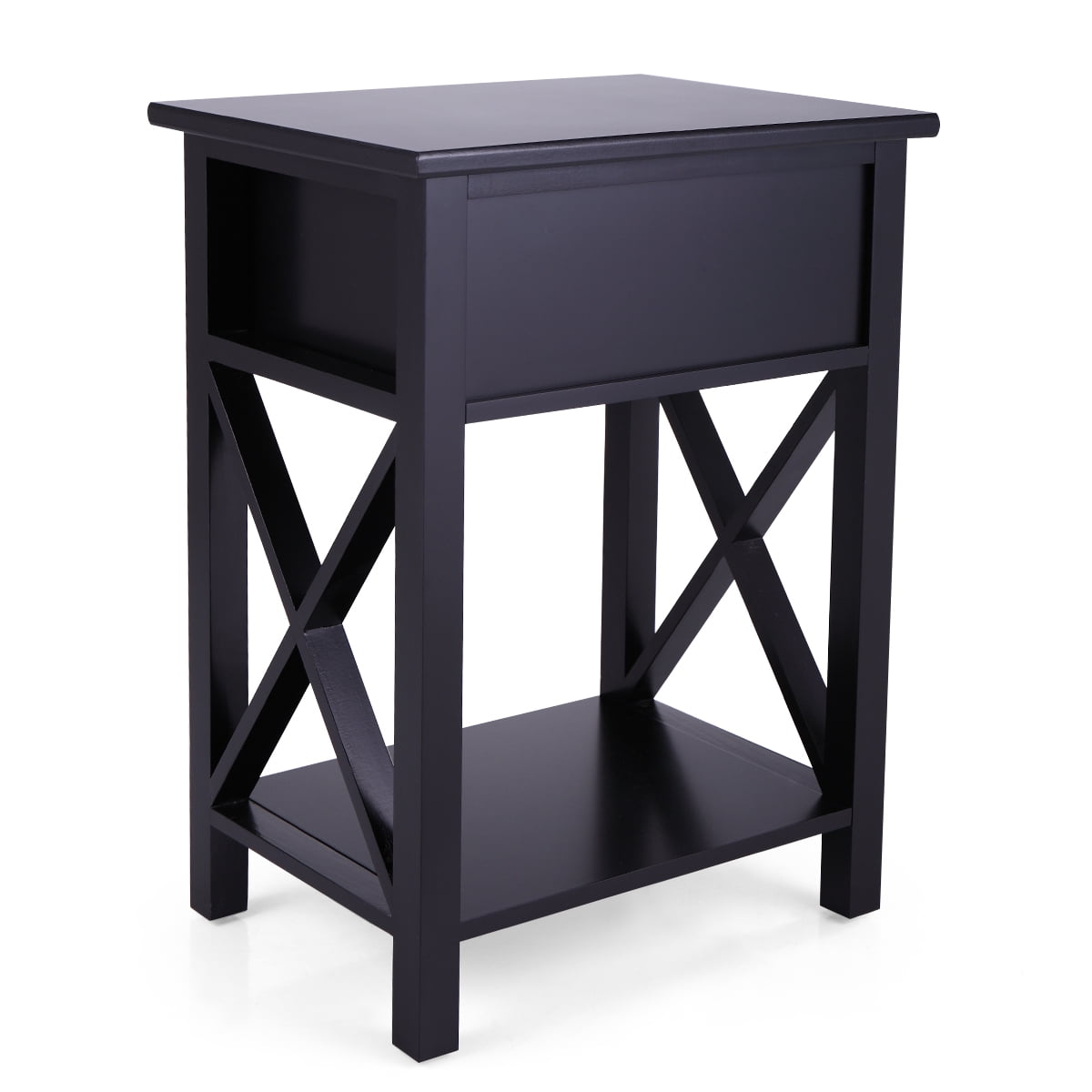 Kepooman Wooden X-Design Modern Side End Table Storage Shelf with Bin Drawer, (2, Black) Kepooman Wooden X-Design Modern Side End Table Storage Shelf with Bin Drawer, (2, Black)