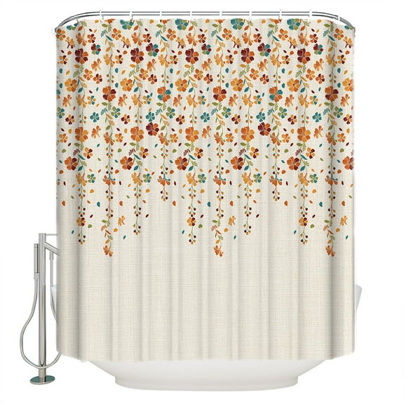 Flower Orange Shower Curtain, 60" x 72", Blue Cherry Blossoms Cotton Linen Background Waterproof Bathroom Curtain Washable Shower Curtain Set with 12 Hooks