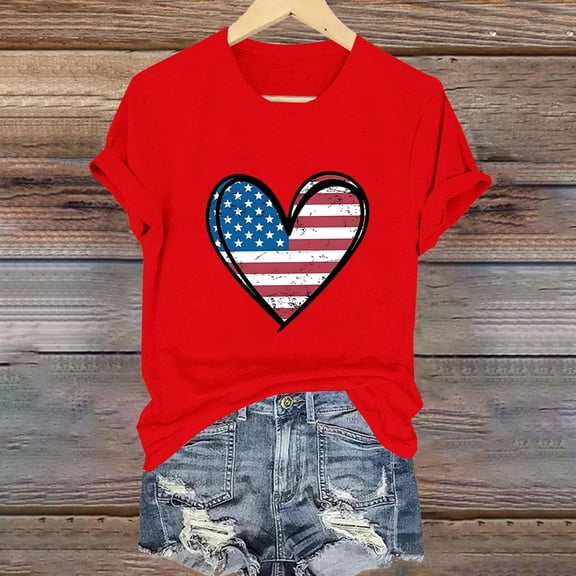 Fznquz Short Sleeve Women's Tops 4th of July Crew Neck T Shirts Red Patriotic 2025 Casual Womens Shirts