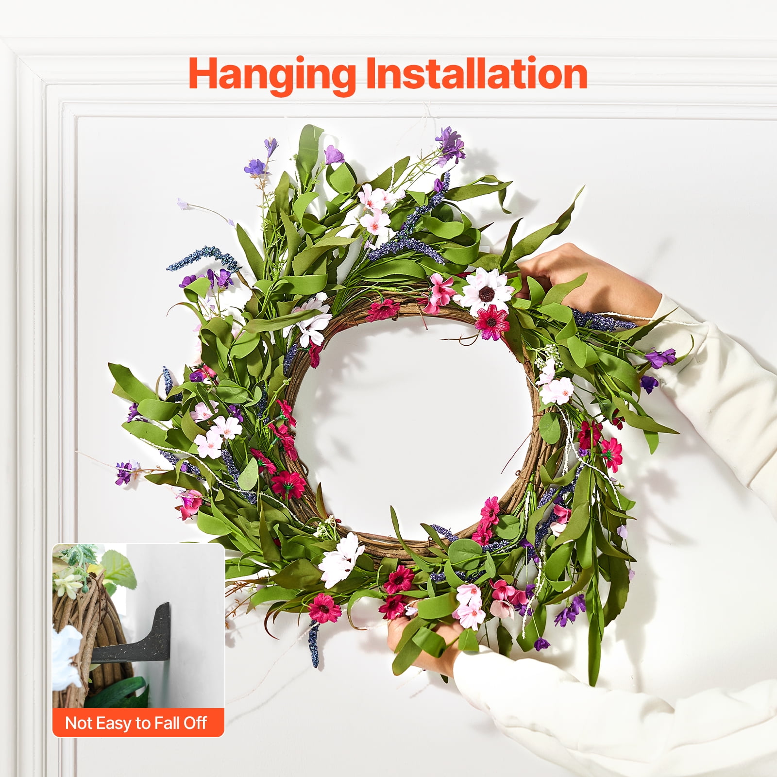 KFFKFF 22-Inch Artificial Decorative Wreath, Pink and Green, Adorned with Daisies, Baby's Breath, and Buds, Versatile Year-Round Decoration for Indoor and Outdoor Use, Perfect for Home, Wall, Window