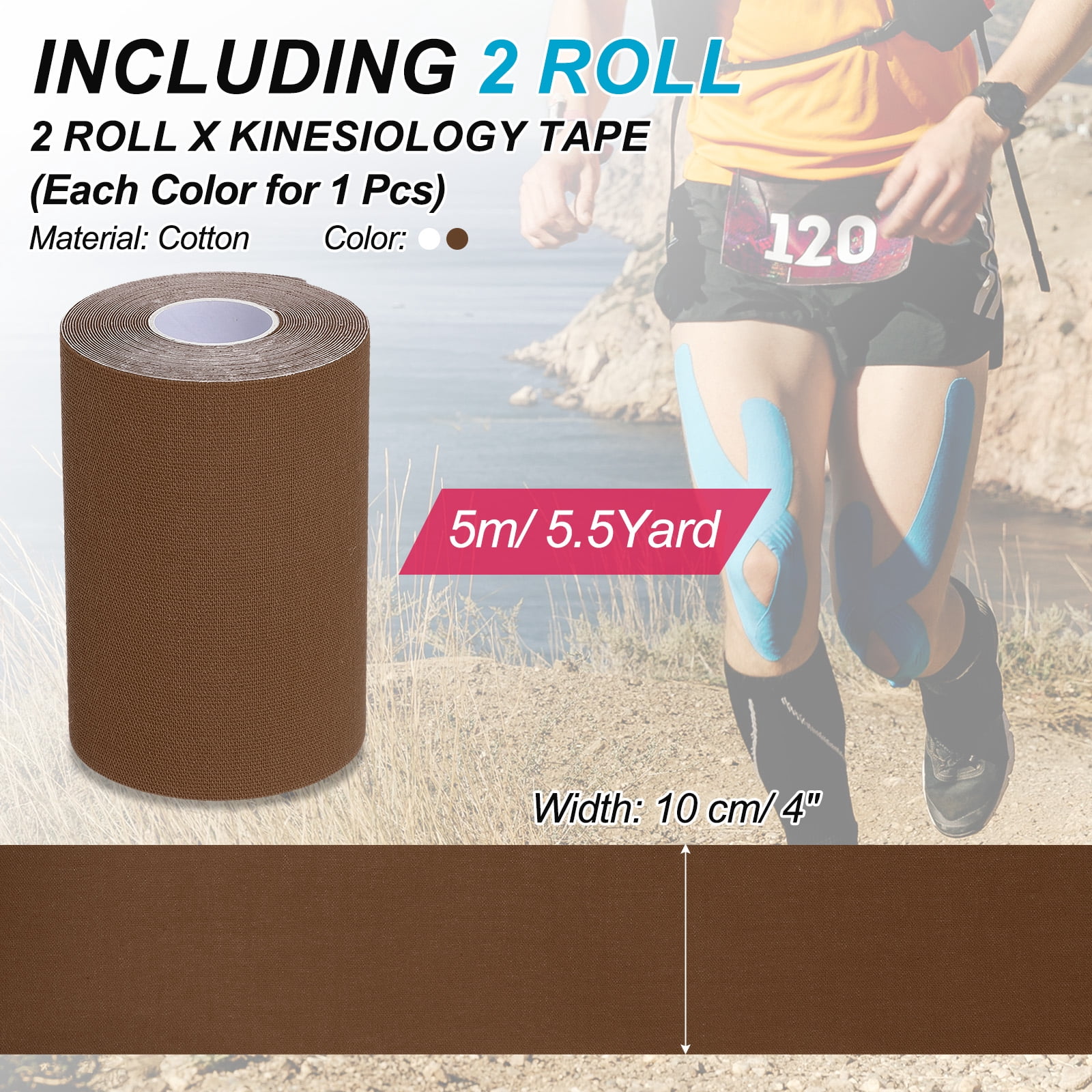 Uxcell Kinesiology Tape, Adhesive Cotton Sports Muscle Support Tape Waterproof Elastic Tape for Knee Ankle Wrist Brown/White