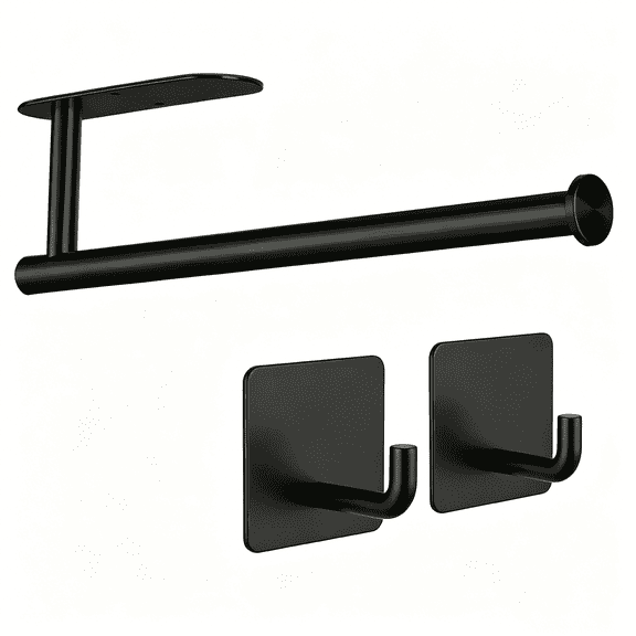 Paper Towel Holder, Stainless Steel Under Cabinet & Wall Mount, Self-Adhesive or Drill Mounted, Comes with Two Hooks for Kitchen Paper Towel Rolls, Black
