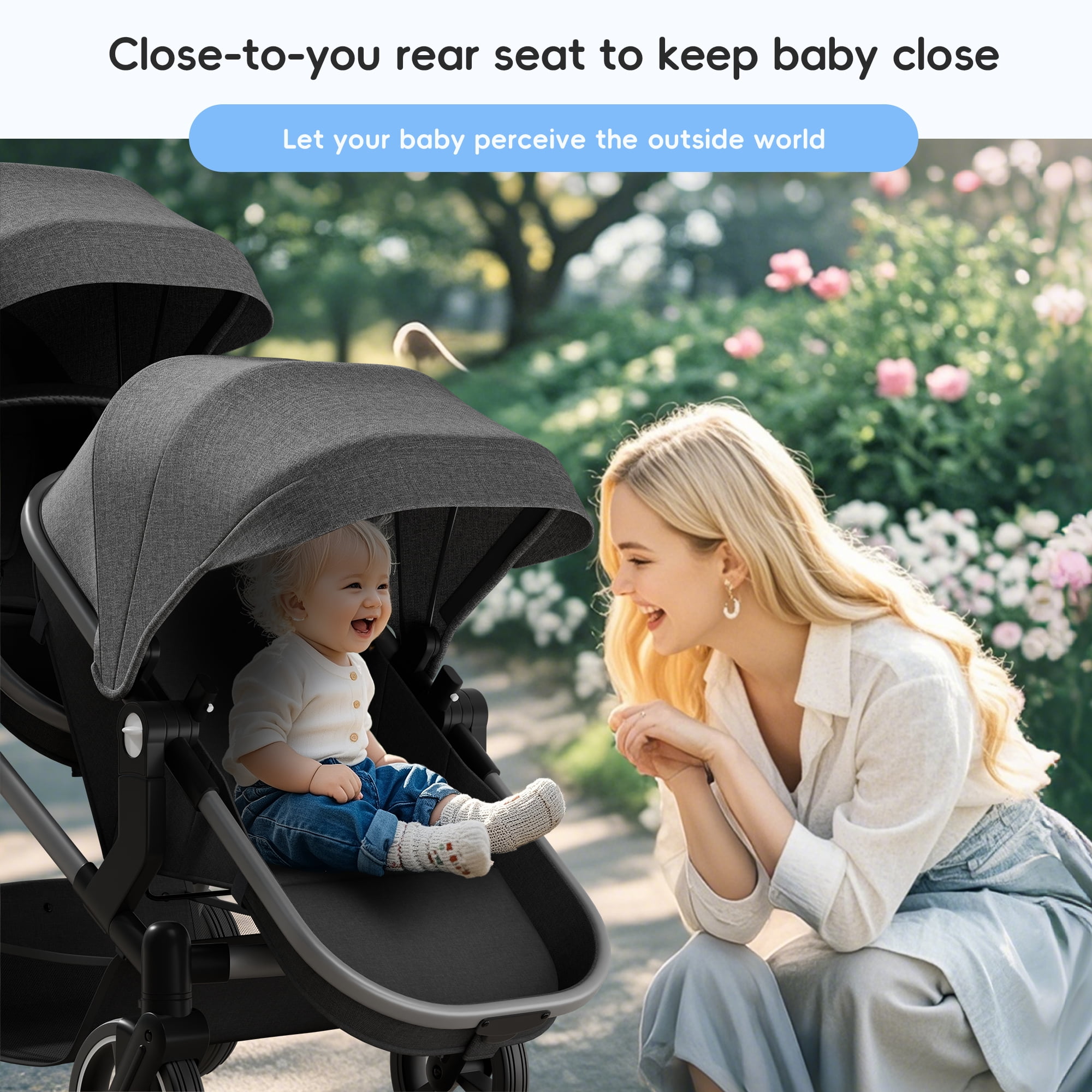 Double Stroller, Foldable Tandem for Infants & Toddlers, Reclining Seats, 5-Point Harness, Large Basket, Gray