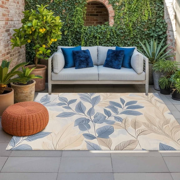 Outdoor Rug 3x5ft Blue Eucalyptus Leaves Large Area Rug Vintage Indoor Outdoor Carpet Outdoor Rugs Mats for Patio Camping,RV,Front Door, Outside Decor