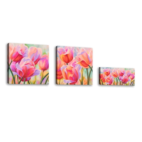 Set of 3 - Tulips in Wonderland - Contemporary Fine Art Giclee on Canvas Gallery Wrap - wall décor - Art painting - 18 x 9 Inch - Ready to Hang