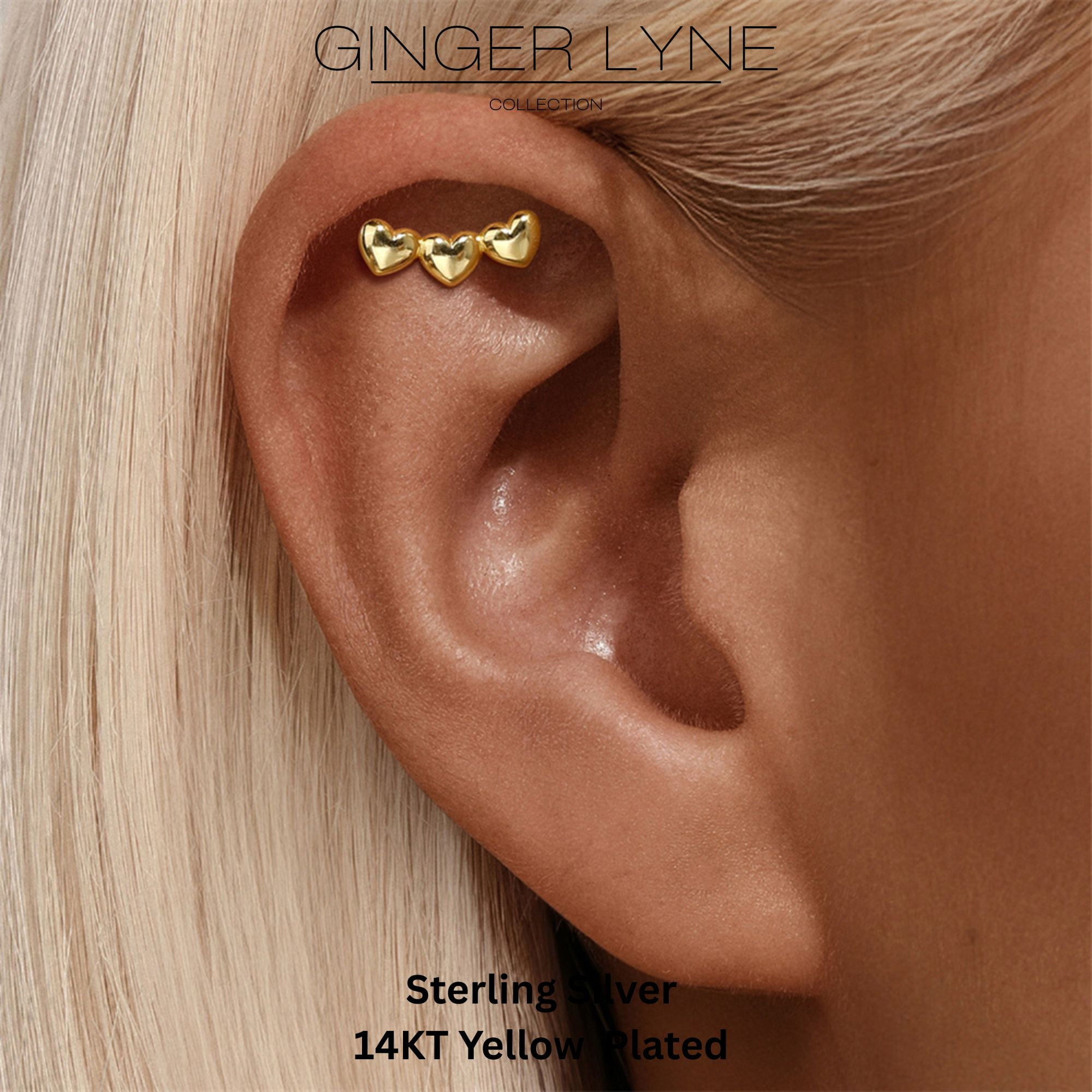 Heart Crawler Flat Back Earrings for Cartilage Helix Tragus Lobe Gold over Sterling Silver Studs Pair by Ginger Lyne
