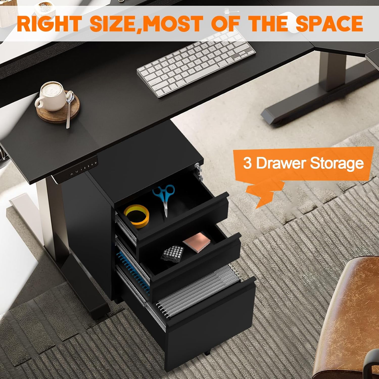 3 Drawer Metal File Cabinet with Lock&Wheels, Office Lateral Filing Cabinets with Hanging Letter/Legal/A4 Folders for Home, Office, Assembly Required, Black,