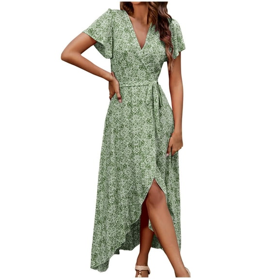 Nrmvnmi Women's Summer Wrap Maxi Dress Casual Boho Floral V Neck Short Sleeve Tie Waisted High Low Ruffle Flowy Split Beach Long Dresses Green LMothers Day Gifts