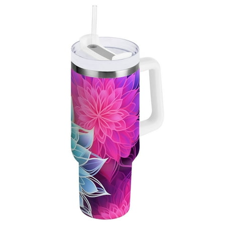 

JSTEL Transparent Mandala Flowers Rainbow 40 oz Tumbler Stainless Steel Water Bottle Vacuum Insulated Cup with Straw Lid & Handle For Travel Car Cup Holder