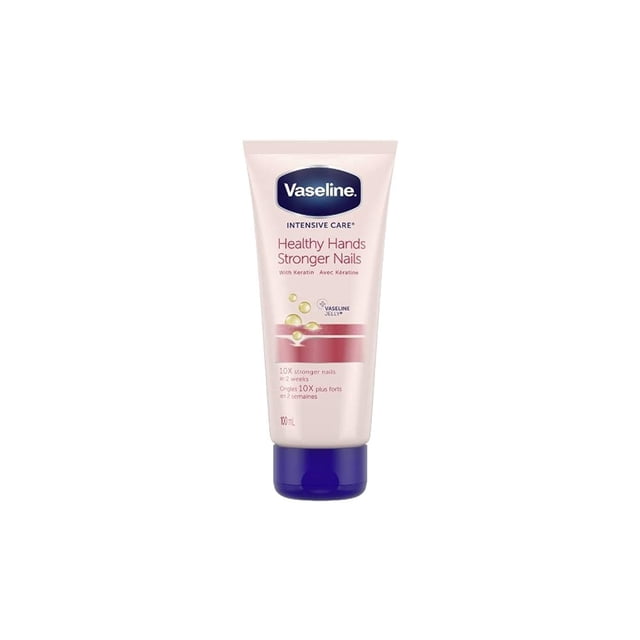 Crema de manos Vaseline Intensive Care Healthy Hands, 100 ml, paquete de 2 — tubo frontal centrado; envase blanco rosado con tapa azul y logotipo Vaseline, texto 'Healthy Hands Stronger Nails' y gráficos de microgotas que representan microgotas de petroleum jelly; indica humectante de rápida absorción para manos y fortalecimiento de cutículas y uñas; tamaño de viaje 100 ml visible en el frente.
