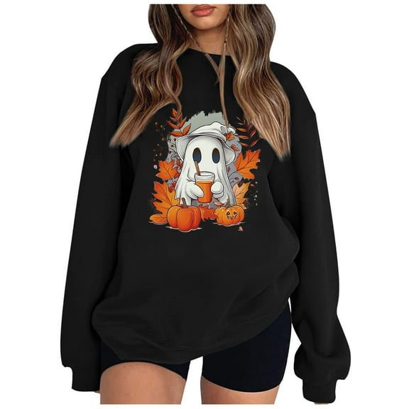 LYEAA Halloween Women's Sweatshirt Long Sleeve Crew Neck Regular Ribbed Cuff Oversized Casual Wear Ghost Holiday Clothes Black XL