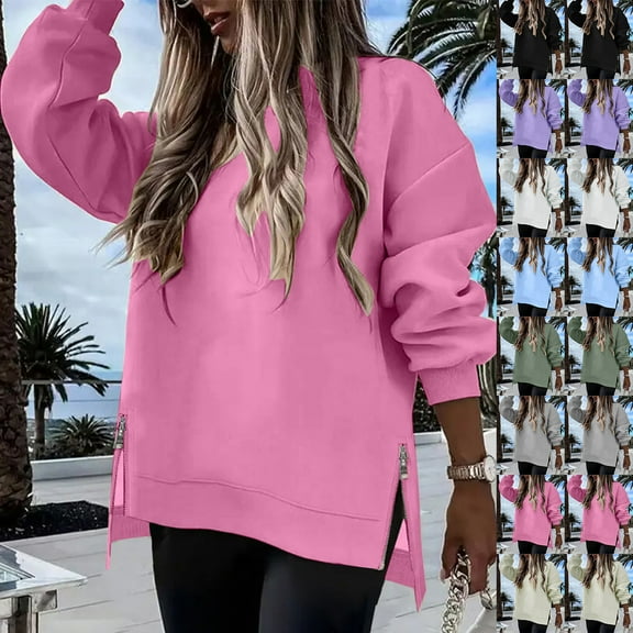 Bmawag Womens Plus Size Tops Side Slit Long Sleeve Crew Neck Solid Color Shirts Women's Casual Comfortable Pullover Oversized Sweatshirts Beige XXL