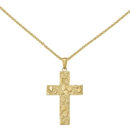 - 14kt Yellow Gold Polished and Textured Nugget Block Style Cross Pendant