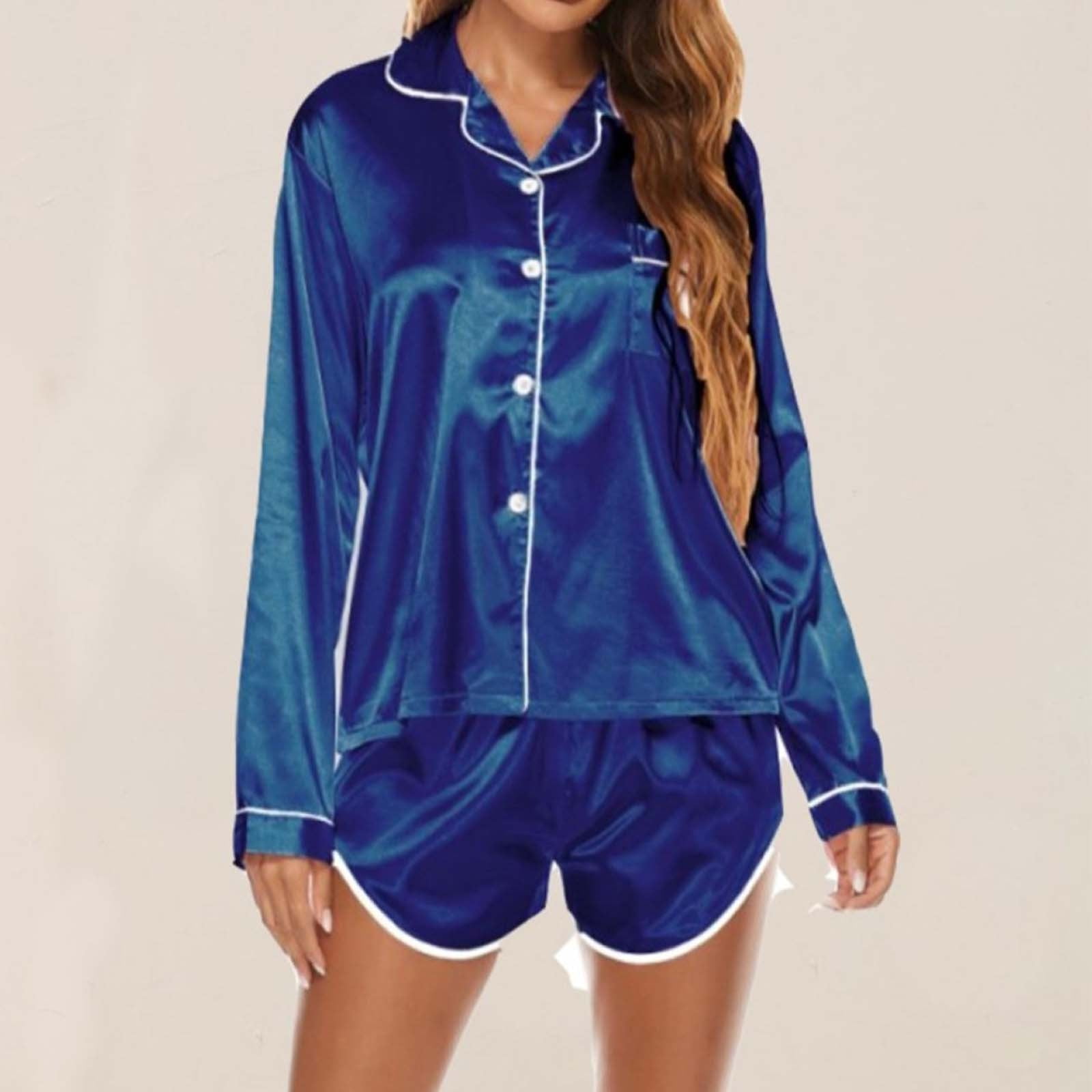 Satin Pajamas for Women, Long Sleeve Silk Pajama Set with Shorts Two Piece Pj Sets ButtonDown