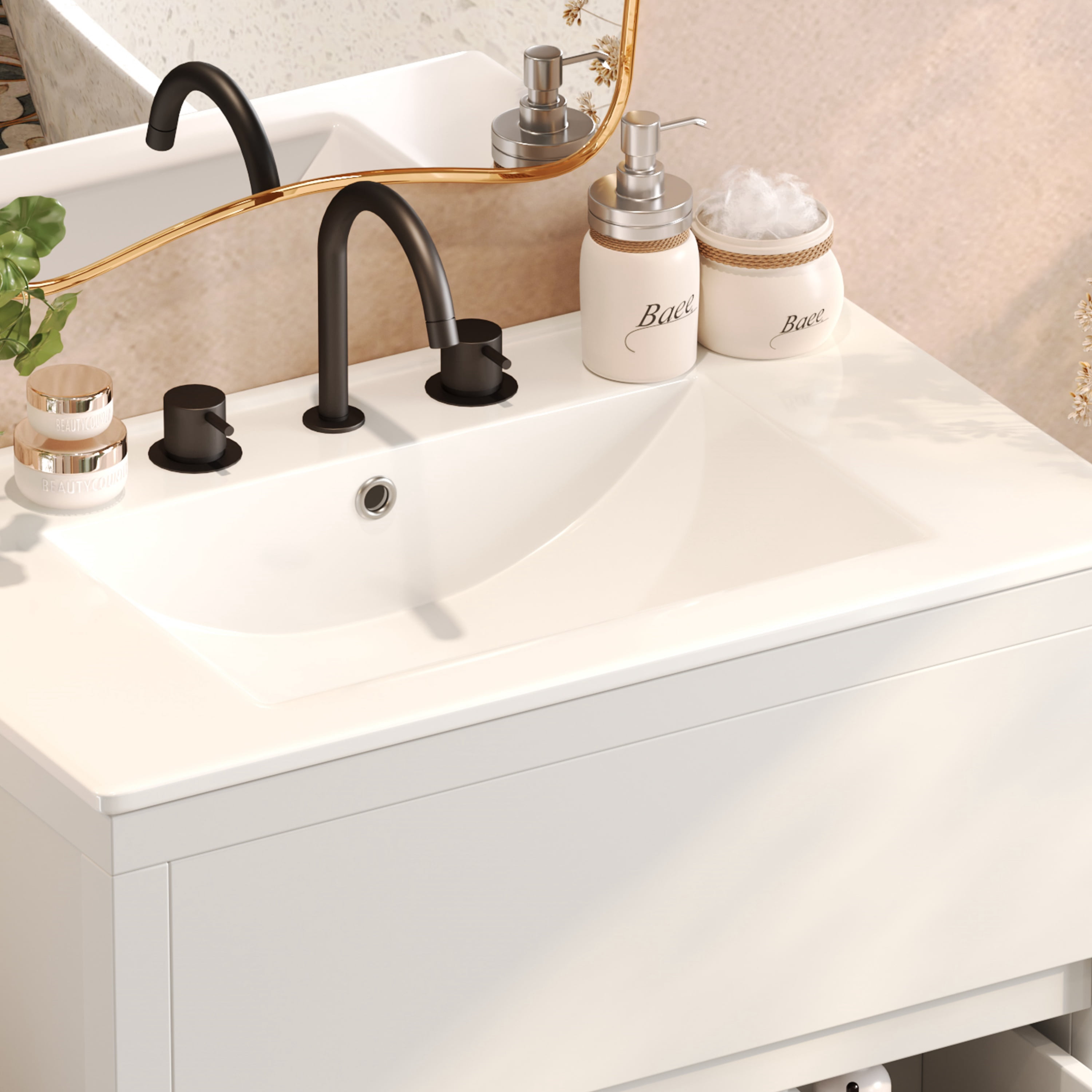 Euroco 30" Bathroom Vanity with Ceramic Sink and 2 Full-Extension Drawers, Freestanding Bathroom Vanity with 45° Free-Handle Design, Soft Close Undermount Drawer Slides, White