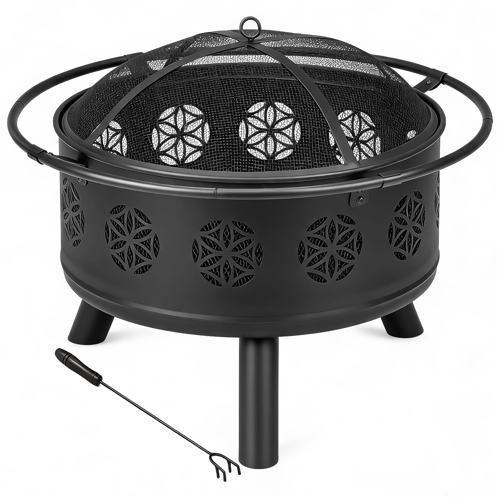 30 Inch Round Outdoor Wood Burning Fire Pit, Heavy Duty Wrought Iron Firepit with Hinged Spark Screen Lid & Lift Ring, Decorative Eternal Flower Cutout Patio Fire Pit for Backyard, Garden, Lawn