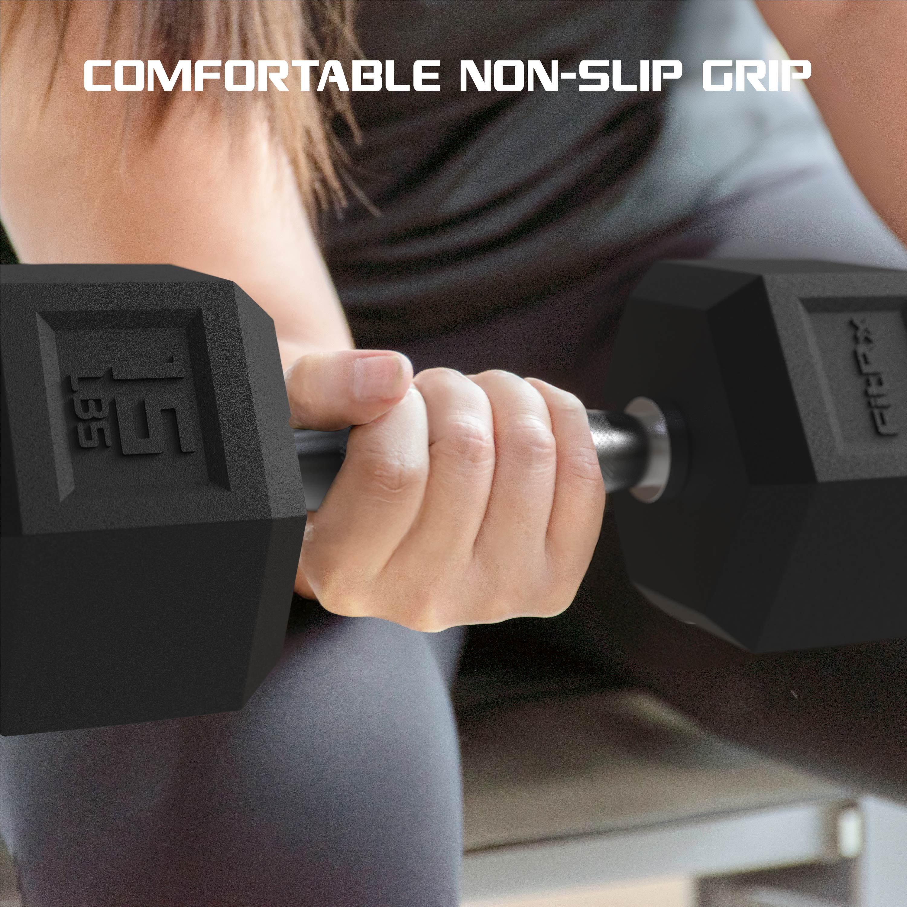 (2 pack) FitRx 45lbs Rubber Hex Dumbbell – Solid Steel Handle, Durable Rubber Coating, Anti-Roll Weight for Fitness, Single