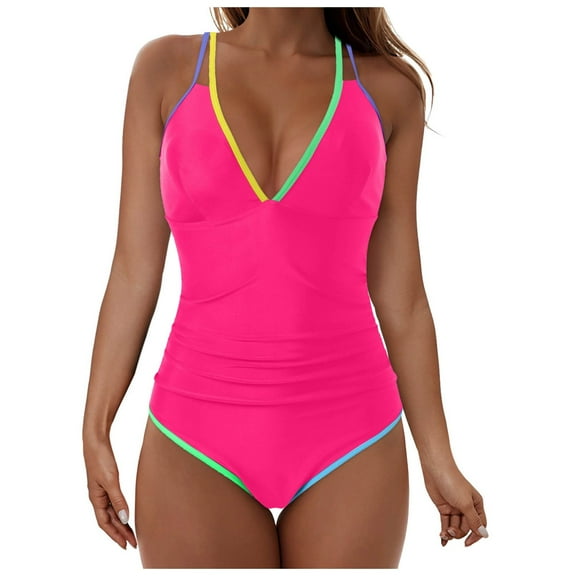 vigerkar Neon Color Block One Piece Bathing Suit for Women Tummy Control V Neck Swimsuit Plunge Shell Trim Swimwear Tie Back Hot Pink, M