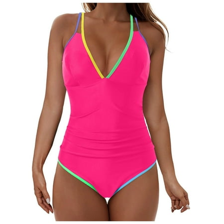 vigerkar Neon Color Block One Piece Bathing Suit for Women Tummy Control V Neck Swimsuit Plunge Shell Trim Swimwear Tie Back Hot Pink  XXL