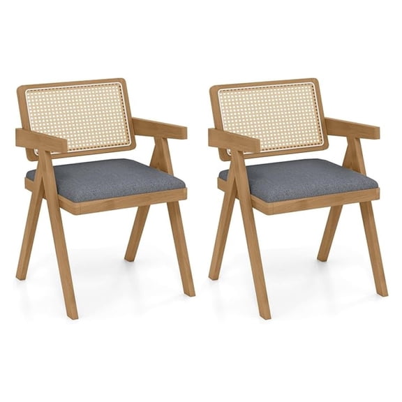 Rattan Dining Chairs Set of 2, Fabric Kitchen Chairs w/Armrests & Padded Cushion, Rubber Wood Frame, Century Armchairs, Modern Accent Side Chairs for Bedroom, Reading Room, Gray