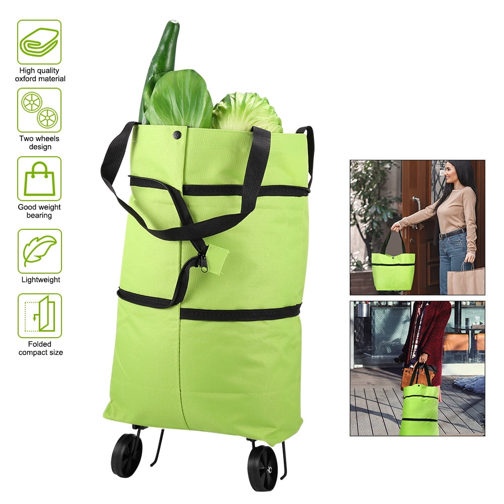 Collapsible Foldable Shopping Cart Portable Shopping Bag with Wheels for Women Green Circle Multifunction Bag Trolley Case Reusable Tote 