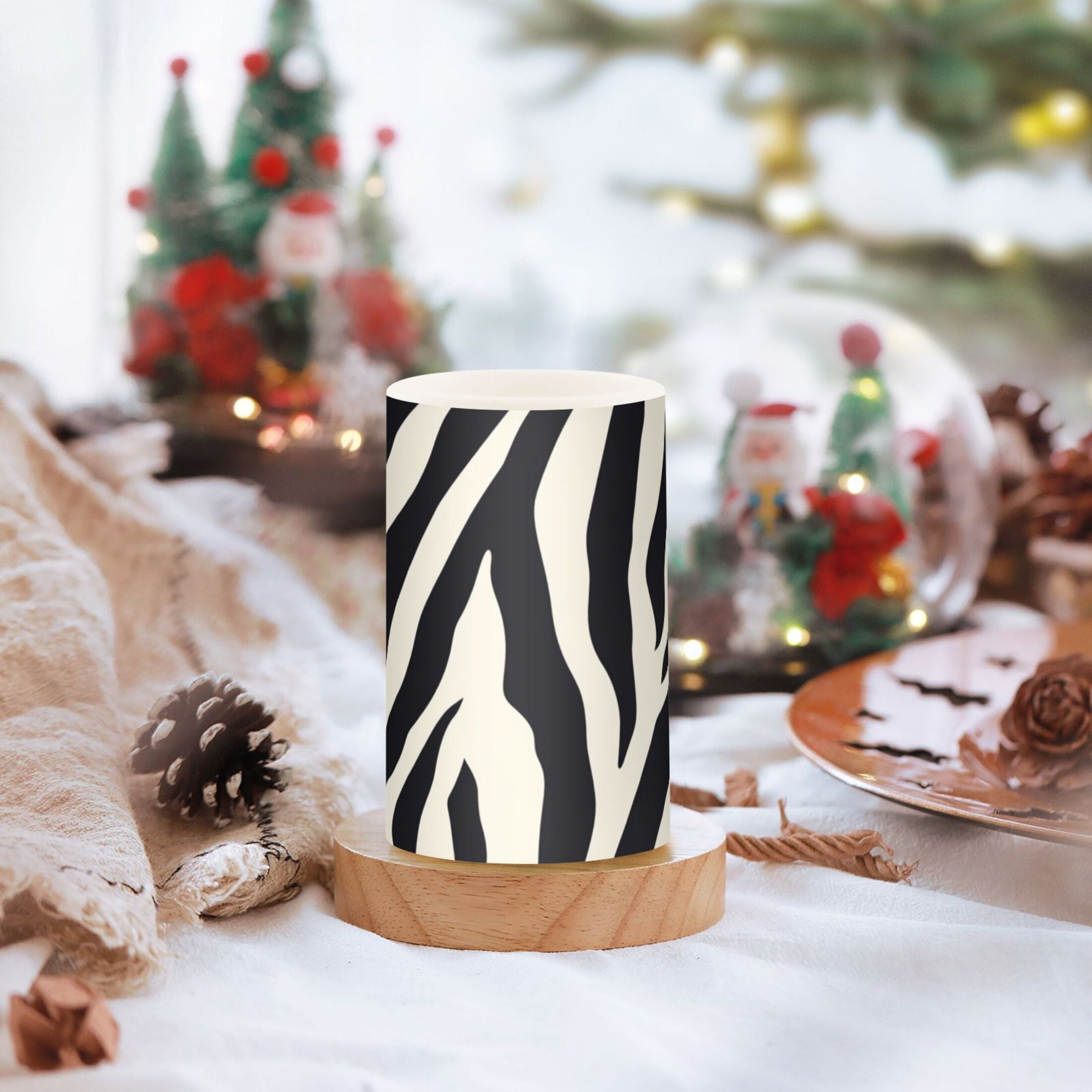 Black White Abstract Zebras Pattern Flickering Flameless Candles LED Tealight Battery Operated with Remote Set of 2 Holiday Decor Ornaments