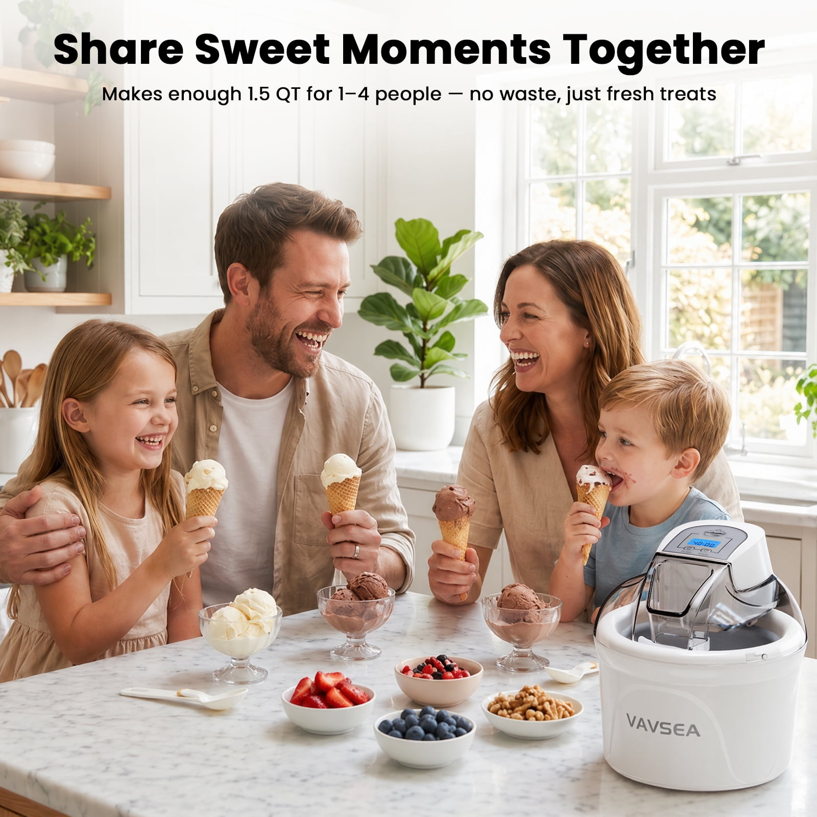 VAVSEA 1.5 Qt Ice Cream Maker with Scoop, Double-Insulated Freezer Bowl, Electric Ice Cream Machine Easy Make, Healthy Homemade Automatic Sobert Maker for Gelato, Frozen Yogurt, White